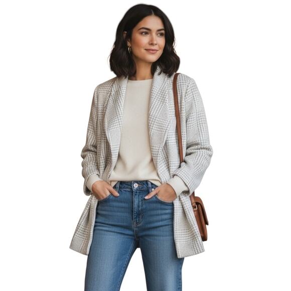 Calvin Klein Women's Sz 3X Light Brown /Ivory Plaid Open Front Jacket Pockets - Picture 5 of 13